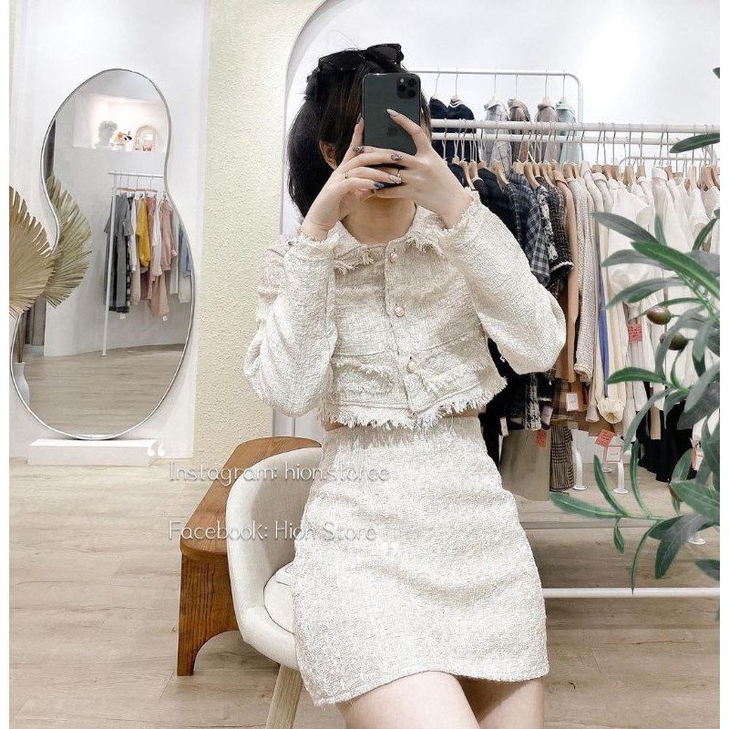 Set dạ tweed nude tay dài siêu xinh kèm ảnh thật MS123