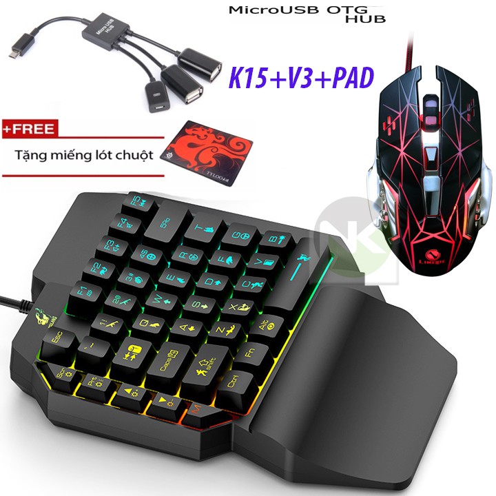 Combo Bộ Bàn Phím Giả Cơ 1 Tay FREE WOLF K15 + Chuột LED Nhiều Màu + Cổng OTG "MICRO"  ( Tặng Thêm Lót Chuột ) - NK | BigBuy360 - bigbuy360.vn