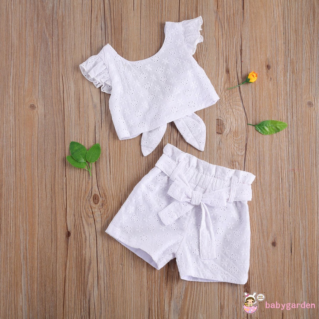 Set đồ hai mảnh gồm áo tay cánh tiên hở lưng và quần short dệt Jacquard cho bé gái mặc chụp ảnh dự tiệc sinh nhật