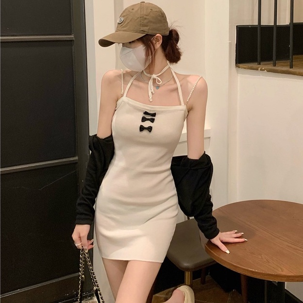 Đầm Hai Dây Ngắn Ôm Hông Đính Nơ Gợi Cảm 【ZHELIHANGFEI】