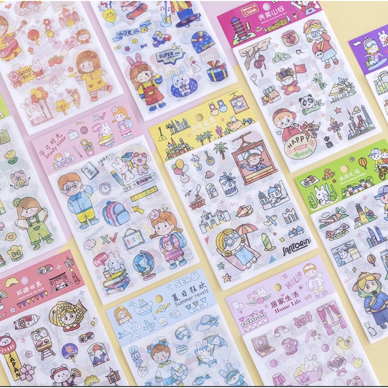 Set sticker 4 tờ hình dán nhiều màu và chủ đề khác nhau có viền cắt sẵn dễ tháo và sử dụng trong trang trí sổ tay.