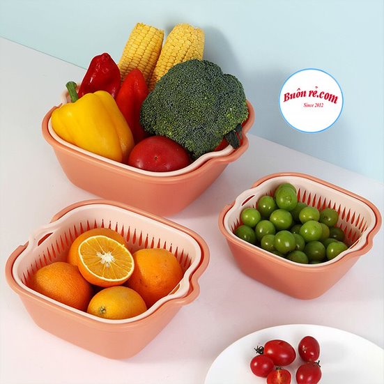 Bộ rổ vuông 2 lớp Việt Nhật  - Bộ rổ kèm chậu hứng nước rửa rau củ đựng hoa quả trái cây th07