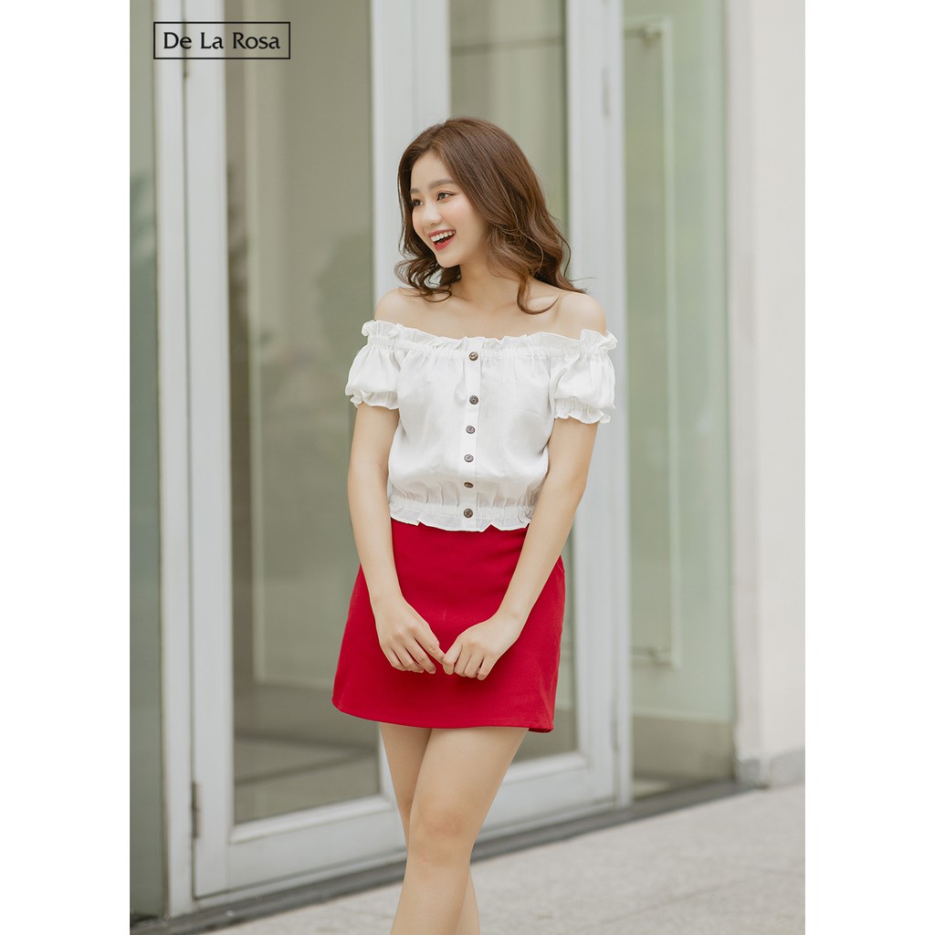 Áo trễ vai croptop trắng thiết kế nữ tính - De La Rosa