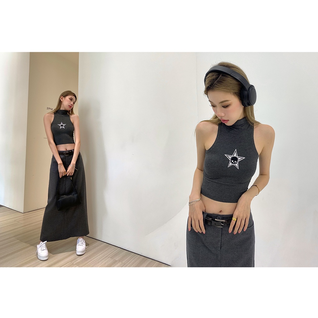 Set Áo Thun Cổ Cao Sát Nách + Chân Váy Dài Dáng Ôm Lưng Cao Xẻ Tà Phong Cách Retro Mỹ Chất Lượng Cao