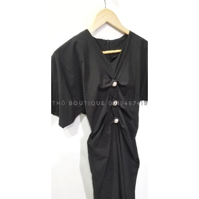 Đầm midi ZARA xuất xịn đen tay ngắn cổ V ngực dúng đính ngọc tròn to eo thắt nơ