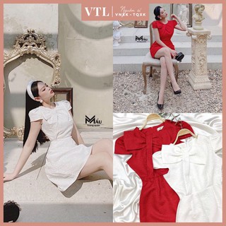 Váy gấm nơ tiểu thư dáng ngắn váy thiết kế