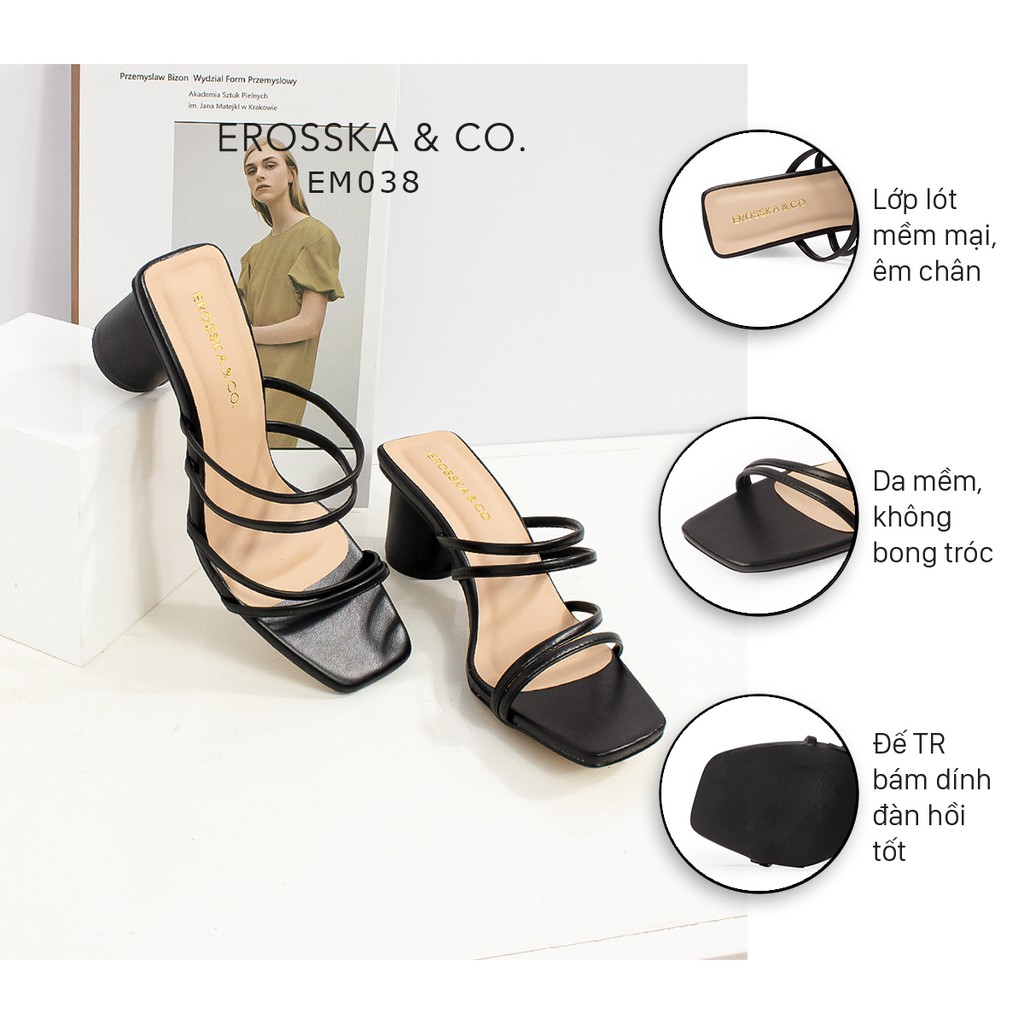 [Mã WABRTL3 -10% đơn 250K]Dép cao gót Erosska thời trang mũi vuông phối dây quai mảnh cao 7cm màu đen _ EM074