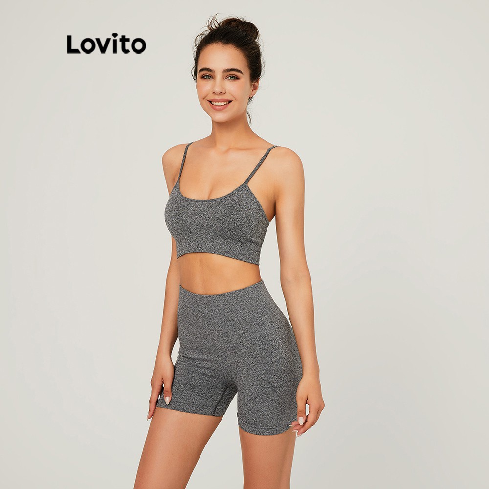 Bộ đồ thể thao Lovito ôm dáng màu trơn cổ tròn không tay co giãn phong cách cơ bản L03112 (màu xám)