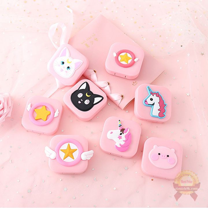 Khay Hộp đựng lens 6in1 3D ngộ nghĩnh để kính áp tròng và dụng cụ lấy lens hình heo mèo độc giác dễ thương