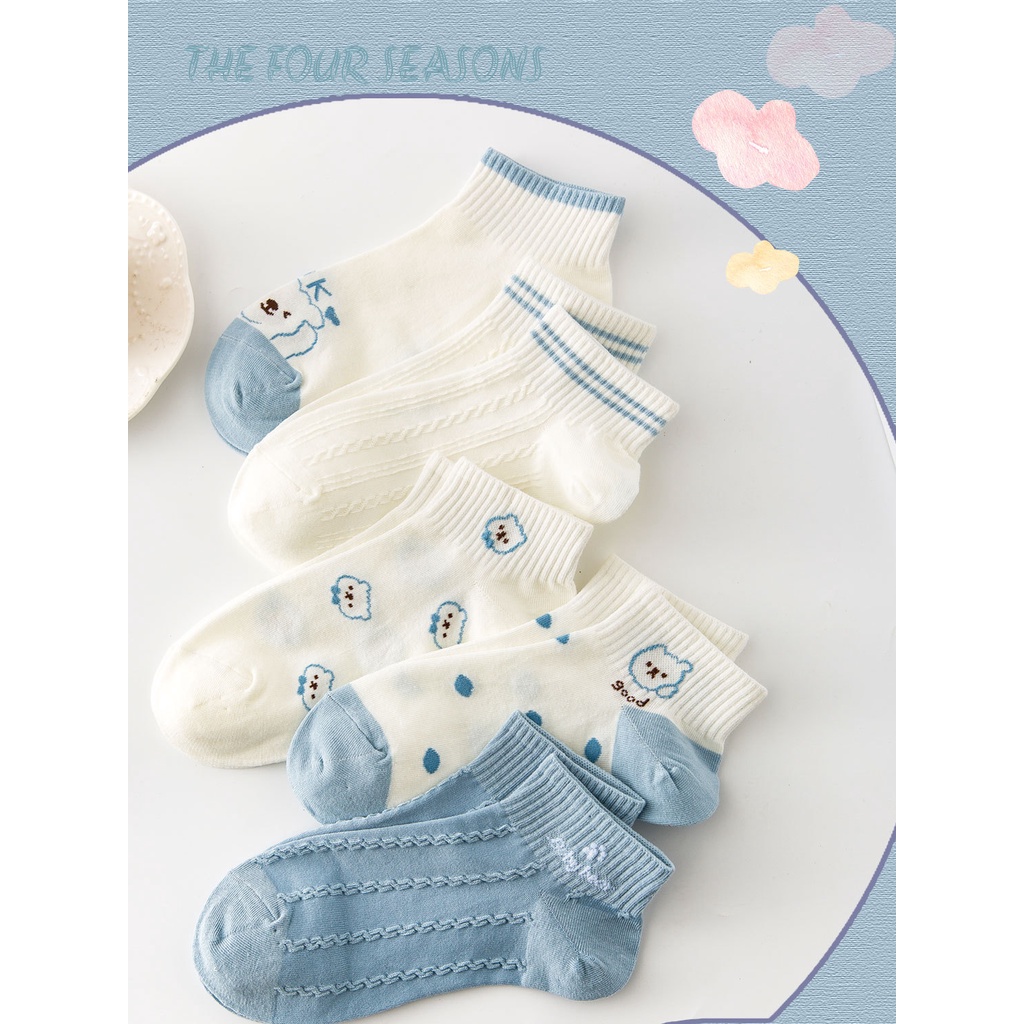 Vớ tất cổ trung hình gấu Ok màu xanh trắng