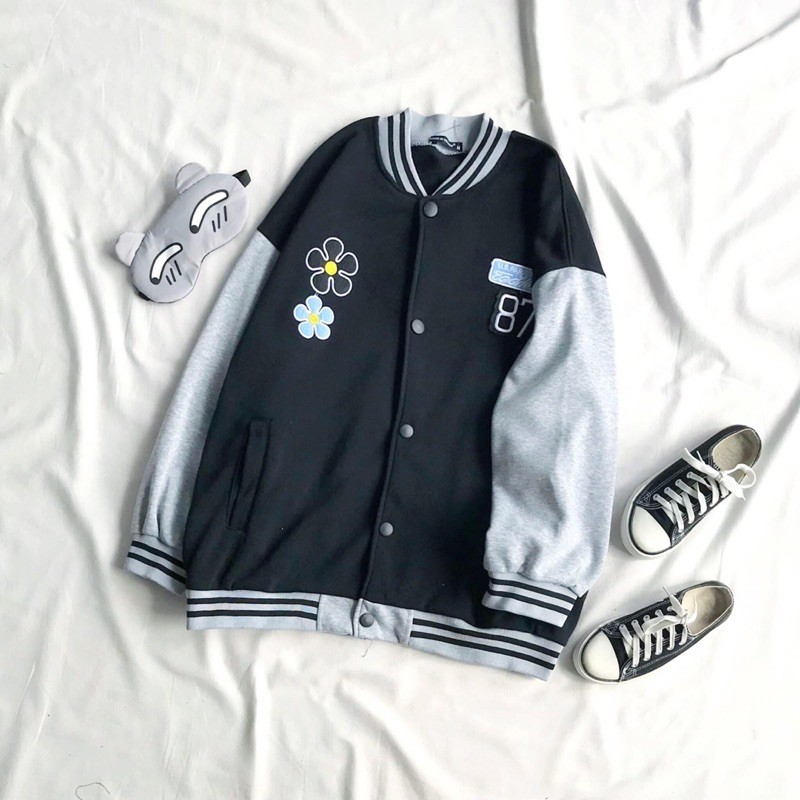 Áo Khoác Bomber Nỉ Bông Nút Bấm Hoa Cúc Ảnh Thật