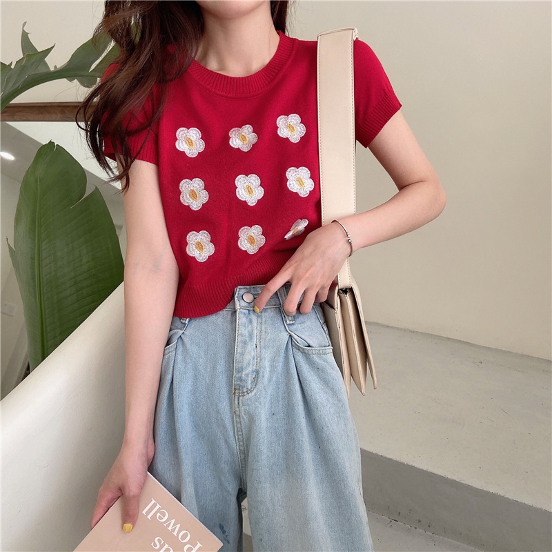 Áo thun NZN tay ngắn cổ tròn thêu hoa dành cho nữ