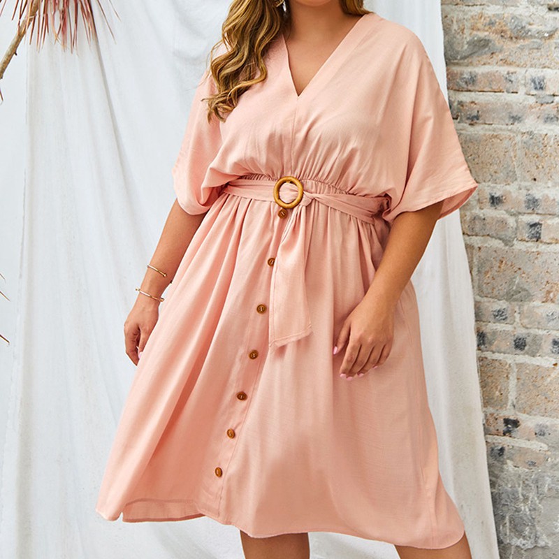 V-neck Party Dress Women Summer Long Big Size Dress Ladies Plus Size Elegant Dress Midi Oversized Dresses Pink XL