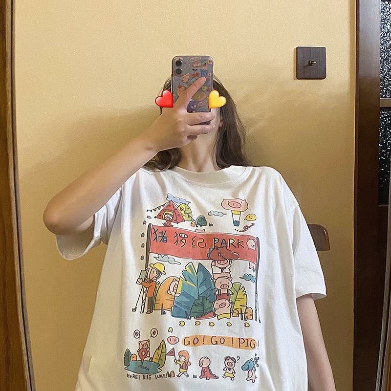 Áo Thun Tay Ngắn 100% Cotton Form Rộng Unisex Ulzzang Công Viên Heo Con Cute