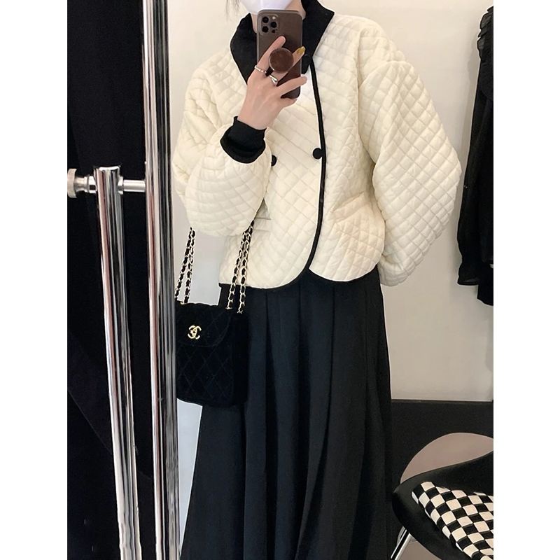 Set Áo Khoác cotton Ngắn Kẻ Sọc Caro Phối Chân Váy Lưng Cao Thời Trang Thu Đông 2022 Sang Trọng Cho Nữ