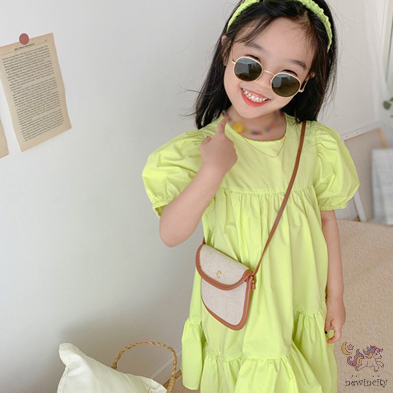 Đầm Tay Ngắn Cổ Tròn Phong Cách Hàn Quốc Cho Bé Gái