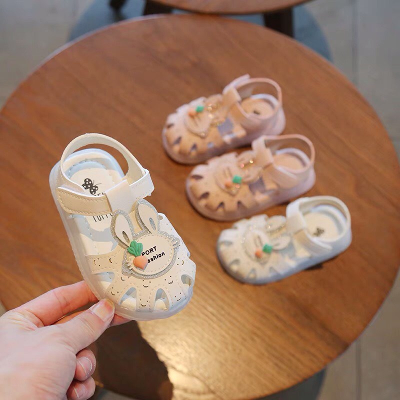 dép rọ cho bé - sandal bé gái da mềm, đế dẻo nơ thỏ carot có quay dán YY A11