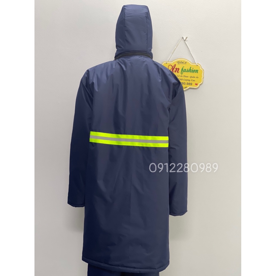Áo kho lạnh -30 độ form dài đến gối mặc trong kho đông lạnh, thủy sản, trái cây có phản quang_ Hình chụp thật