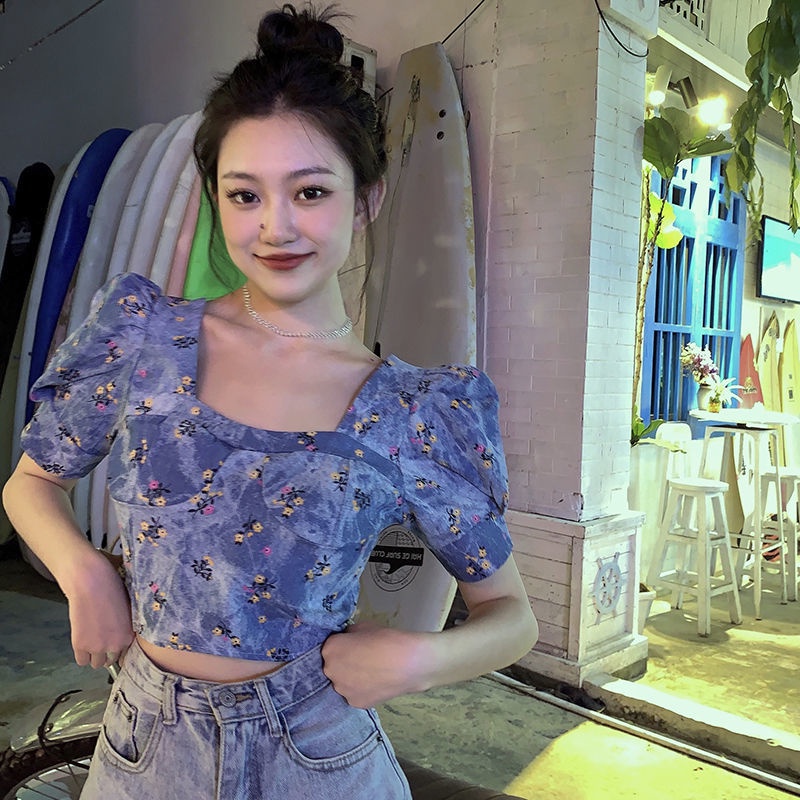Áo Sơ Mi Denim Cổ Vuông Tay Bồng In Họa Tiết Hoa Phong Cách Hong Kong Thời Trang Mùa Hè Dành Cho Nữ 2022