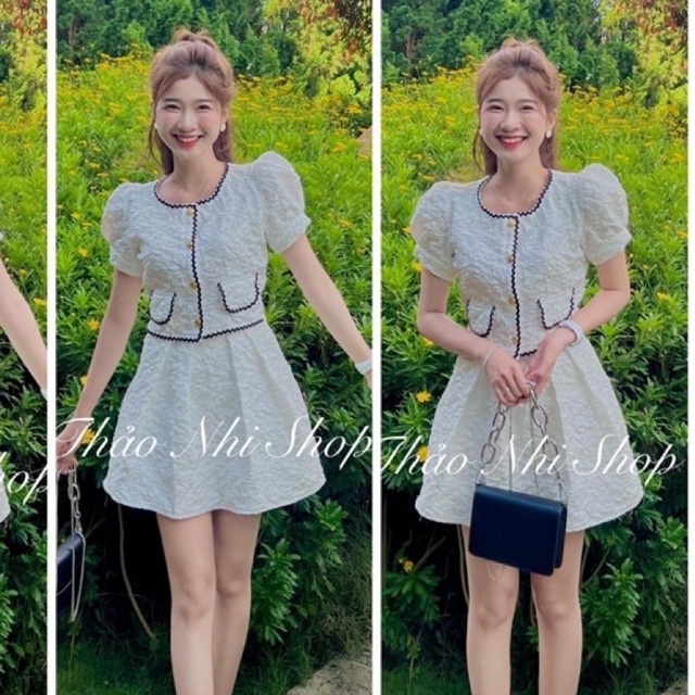 Set bộ xốp hoa áo sơ mi tay bồng viền cổ khuy ngọc mix chân váy A siêu xinh l1 hv
