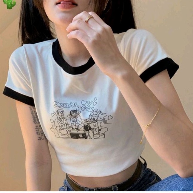 Áo thun phối viền cổ tròn và tay in hình PC