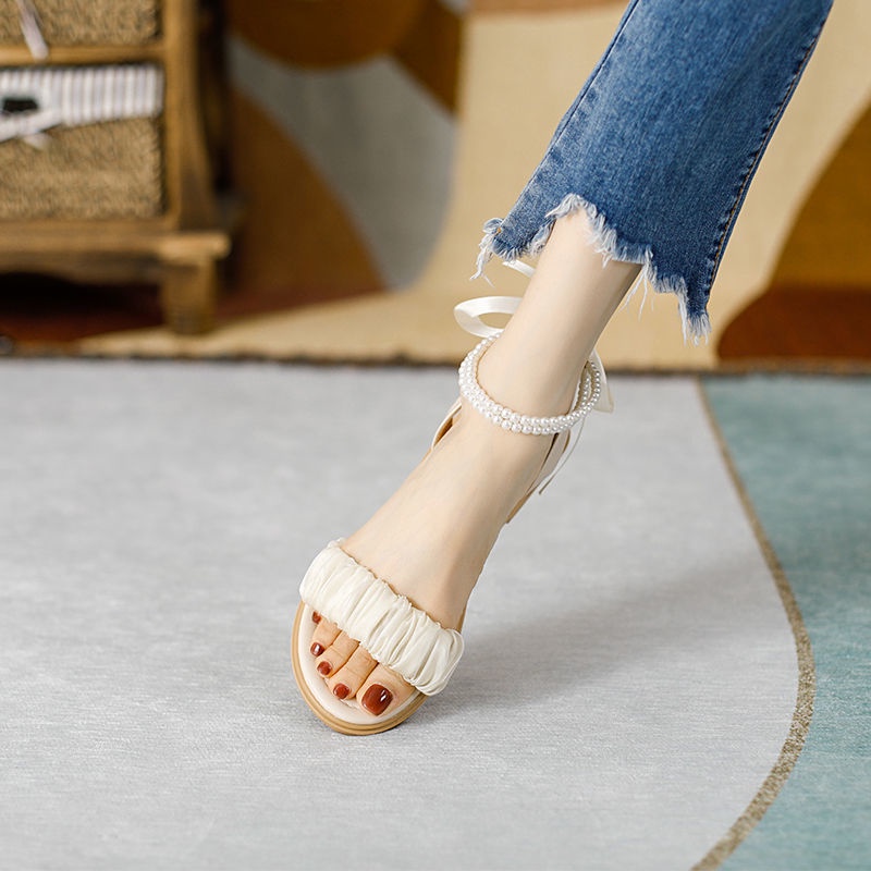 Sandal Hở Ngón Đế Bằng Thiết Kế Mới Đính Nơ Ngọc Trai Xinh Xắn Thời Trang Mùa Hè Dành Cho Nữ