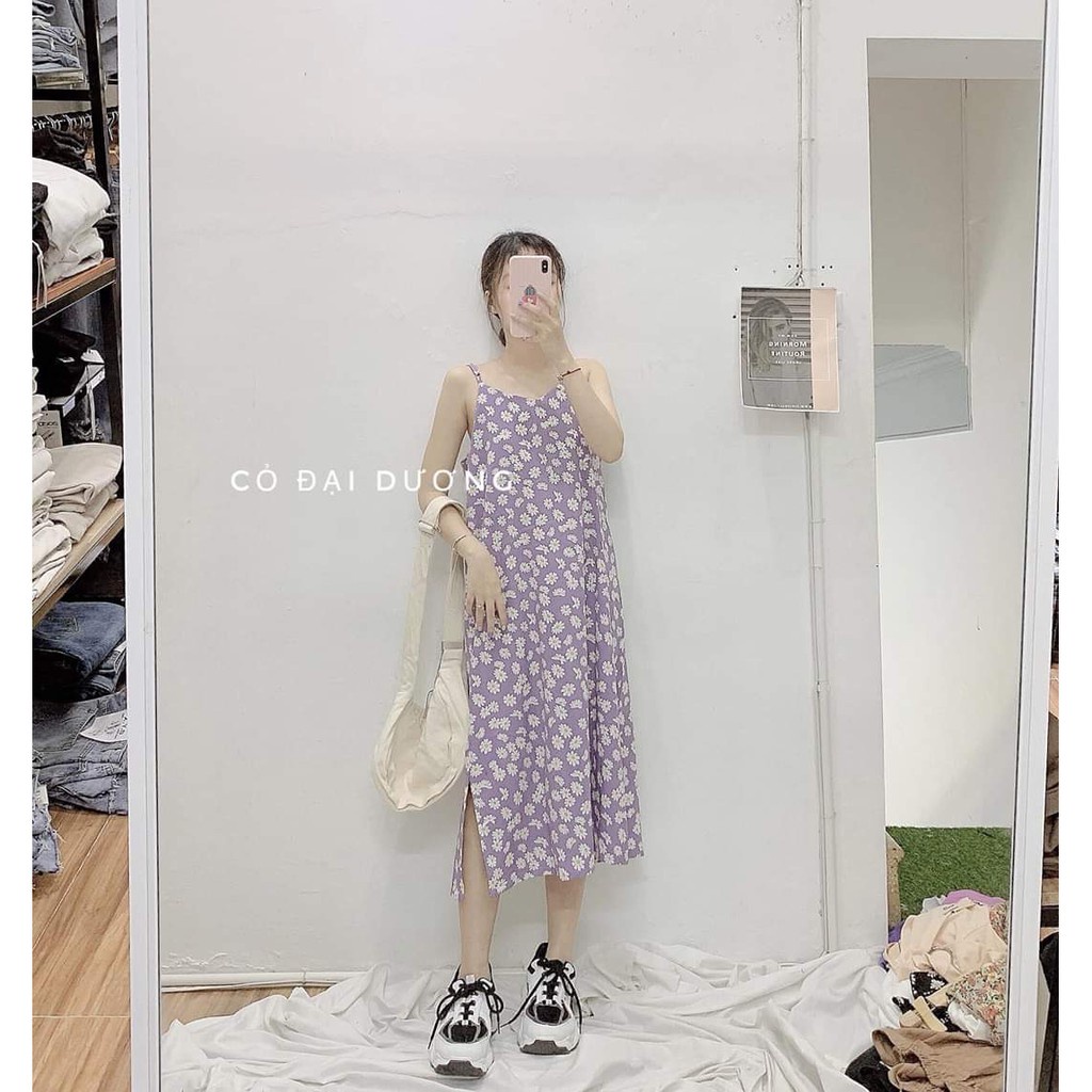 ĐẦM MIDI DÁNG SUÔNG HOA CÚC NỮ TÍM ĐEN TRẮNG - VÁY 2 DÂY ĐŨI MAXI XẺ TÀ HOẠ TIẾT HOA NHÍ DÁNG DÀI ĐI BIỂN HOT