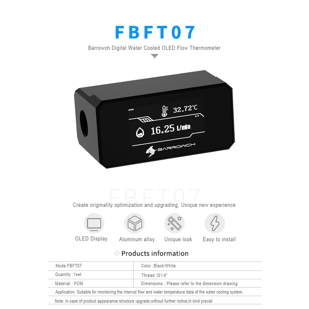 Barrowch FBFT07 G1 / 4 Màn hình kỹ thuật số OLED Nhiệt kế nước / Đồng hồ đo lưu lượng Hệ thống theo dõi, Giám sát thời gian thực ở nhiệt độ cao