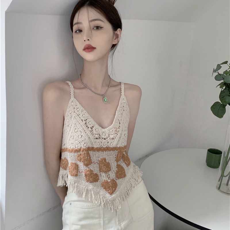 Áo Hai Dây Dệt Kim Cổ Chữ V Phối Tua Rua Quyến Rũ Cho Nữ