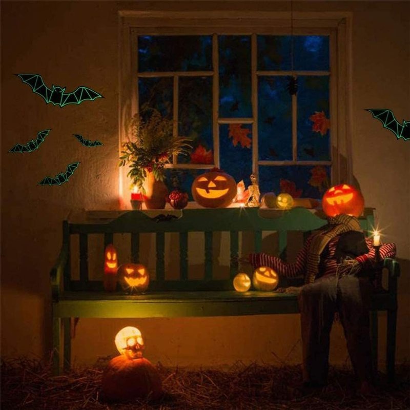 Bộ 12 Đề Can Dán Cửa Sổ / Cửa Ra Vào Họa Tiết Dơi 3D Màu Đen Dạ Quang Chống Thấm Nước Có Thể Tháo Rời