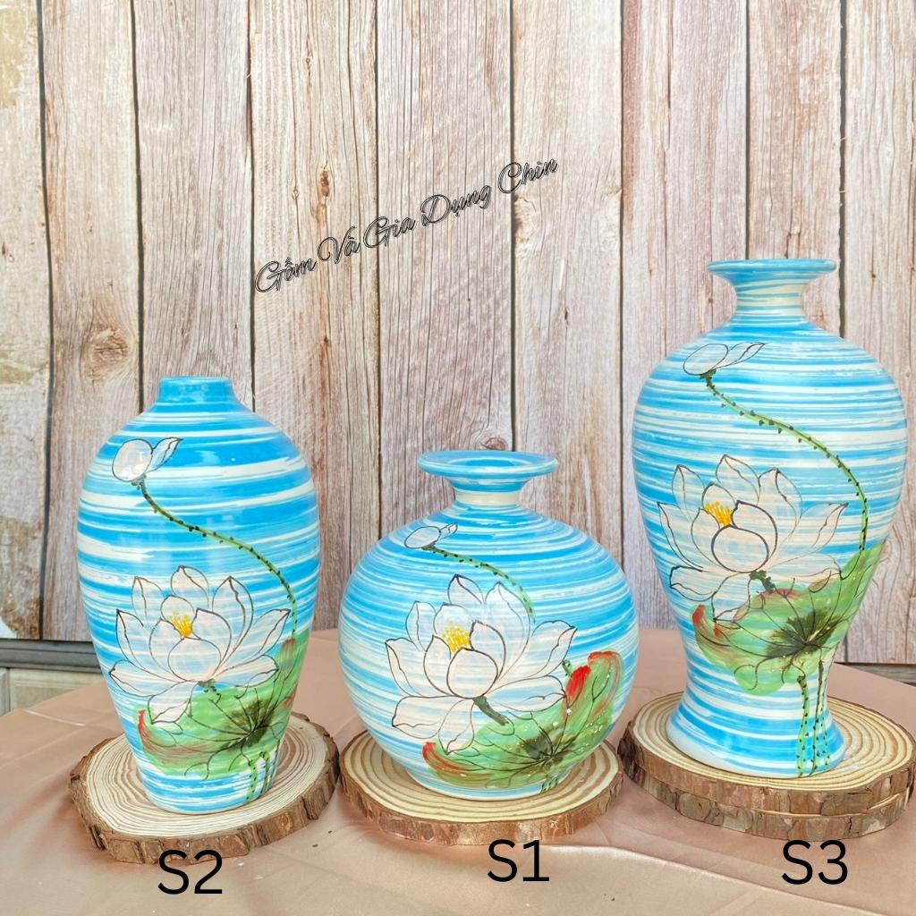 Lọ Hoa Decor Bộ Bình Hút Lộc - BÁT TRÀNG men bóng vàng đỏ cô-ban , họa tiết hoa vẽ tay cao 25,19,15cm - GỐM SỨ TUTI