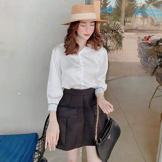 ÁO SƠ MI LỤA SATIN TRẮNG CỔ REN AM97