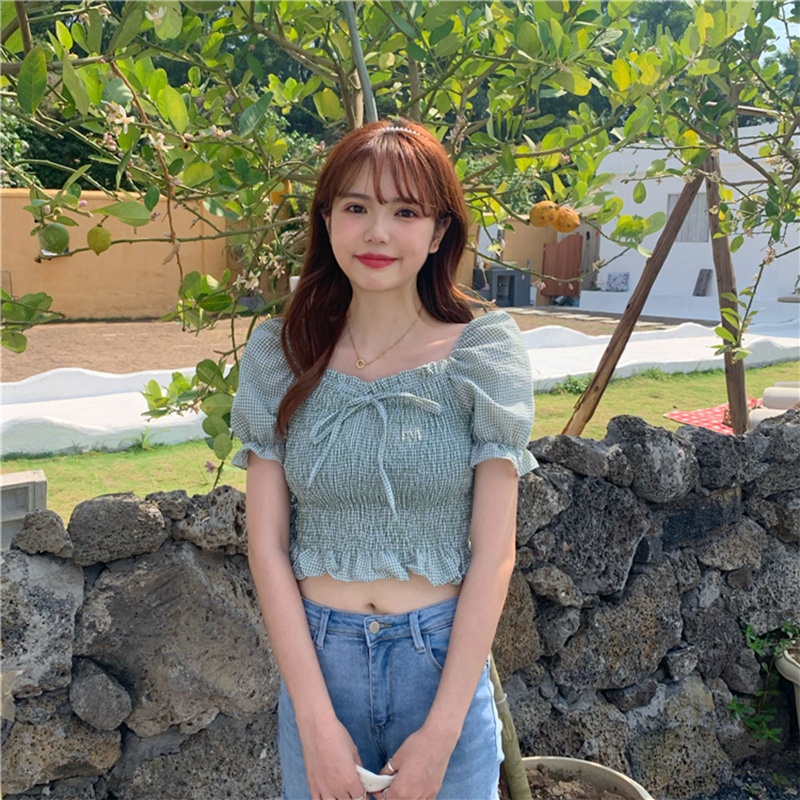 Áo Croptop Tay Phồng Ngắn Cổ Vuông Thắt Nơ Họa Tiết Sọc Caro Thời Trang Cho Nữ