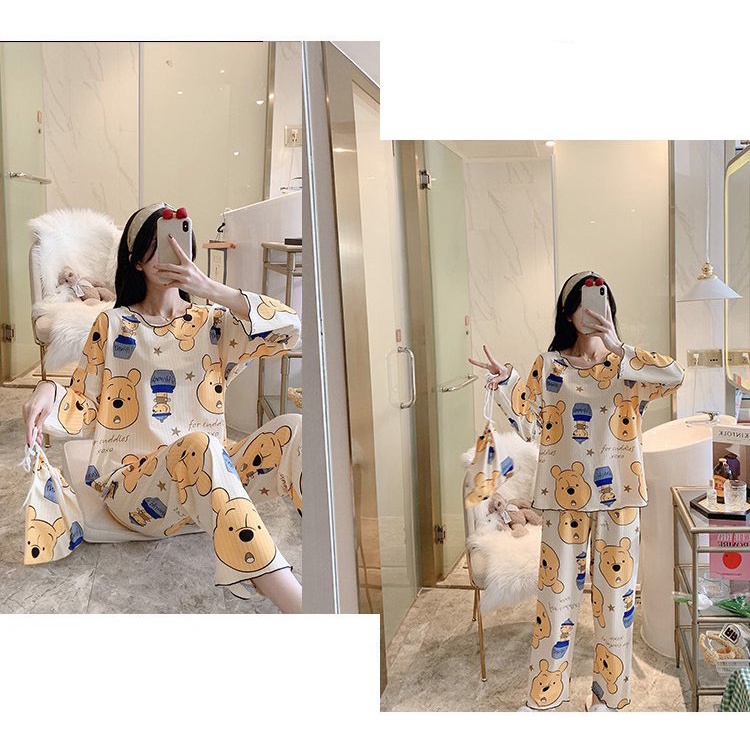 [Hàng Oder Sẵn] Bộ đồ ngủ thu đông mặc nhà cổ bèo in hình gấu Pooh dễ thương chất liệu Cotton co giãn 4 chiều [ Free-shi