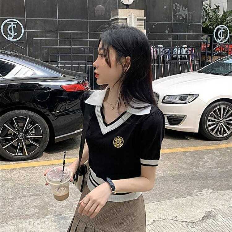 Áo Thun COZOK Dệt Kim Ngắn Tay Cổ Bẻ Phối Màu Tương Phản Cá Tính