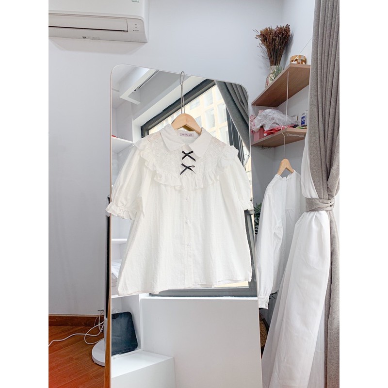 Áo sơ mi kiểu trắng tiểu thư cộc tay đính nơ  - Áo sơ mi trắng viền bèo Zuca Shop | BigBuy360 - bigbuy360.vn