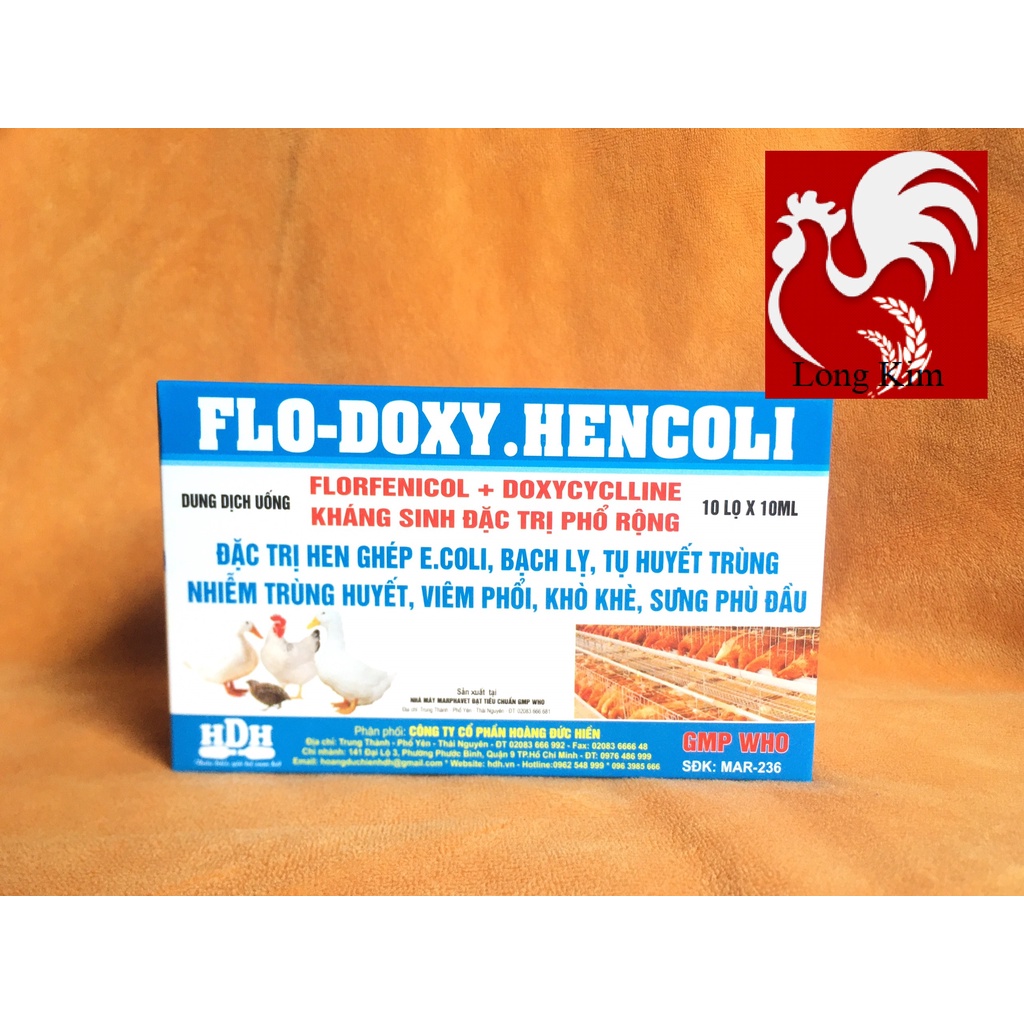 Flo.Doxy-Hencoli lọ 10ml Hen ghép, E.coli, bạch lỵ, huyết trùng, viêm phổi, sưng phù đầu cho gia cầm, thủy cầm, trâu, bò