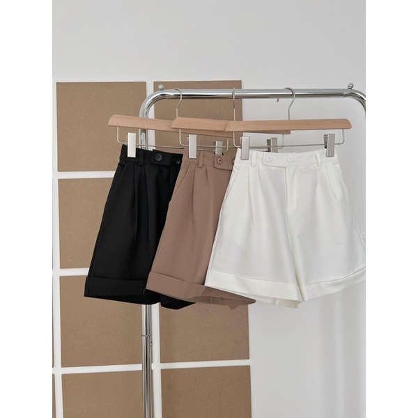 Quần short vải cạp cao LƯNG CHUN cạp lệch 2 cúc GẬP GẤU 3 màu vintage