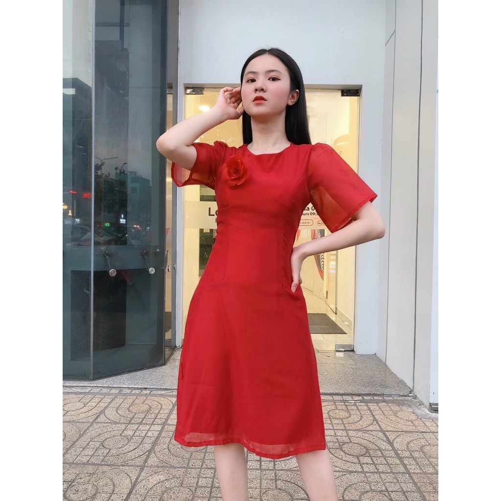 Đầm dự tiệc dáng ngắn mini váy xoè tay ngắn voan đỏ kèm bông tay lỡ