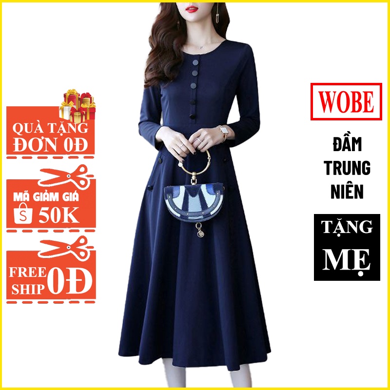 Đầm trung niên sang trọng, thiết kế tay dài thanh lịch che khuyết điểm tốt, vải Poly co giãn- WOBE Happy Mami - L144