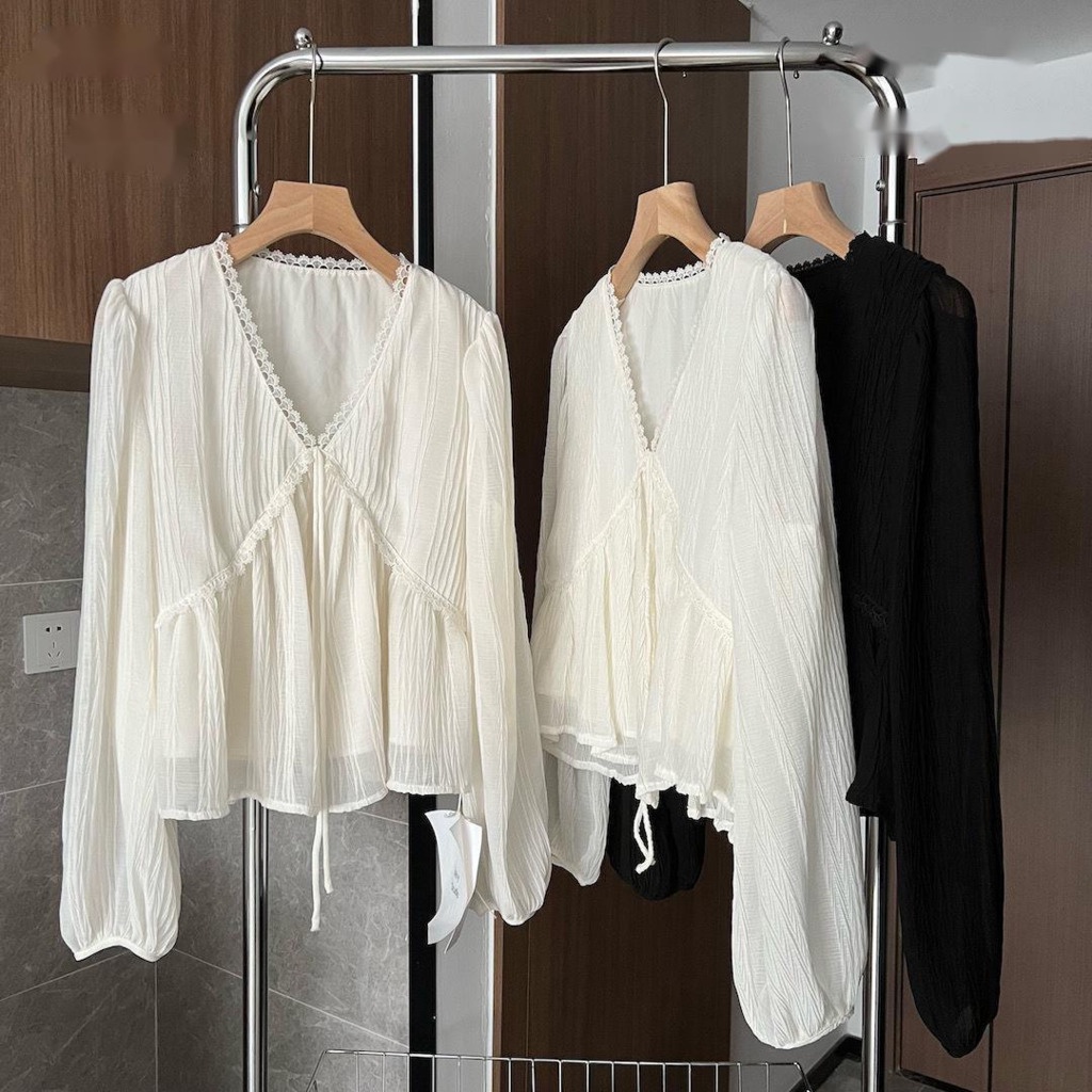 Áo Sơ Mi chiffon Phối Ren Cổ Chữ v Tay Dài Phong Cách Hàn Quốc Mới
