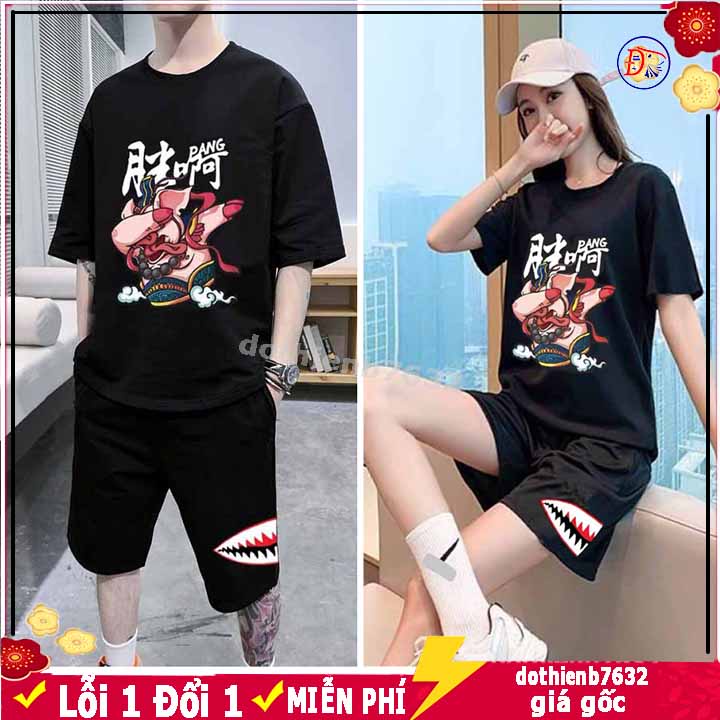 Bộ thể thao nam nữ ⚡️ FREESHIP ⚡️ Set quần áo mặc nhà HEO HIP HOP chất thun mè co giãn tay ngắn dáng rộng