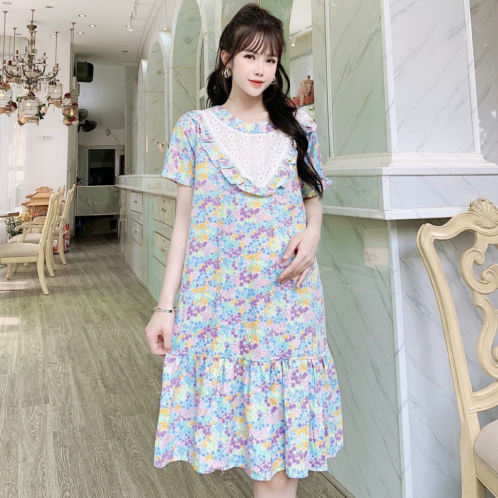 Váy bầu hoa nhí viền cổ trắng dễ thương mềm mát mùa hè - 𝐕𝟓𝟓