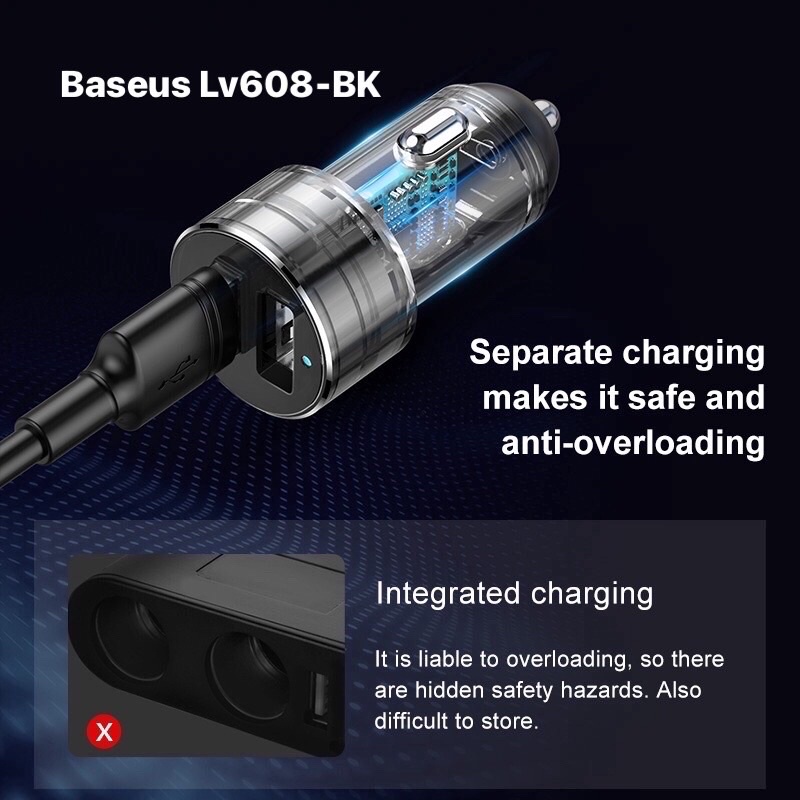 Tẩu xạc ô tô đa năng 2 đầu có dây kéo Baseus LV608-BK