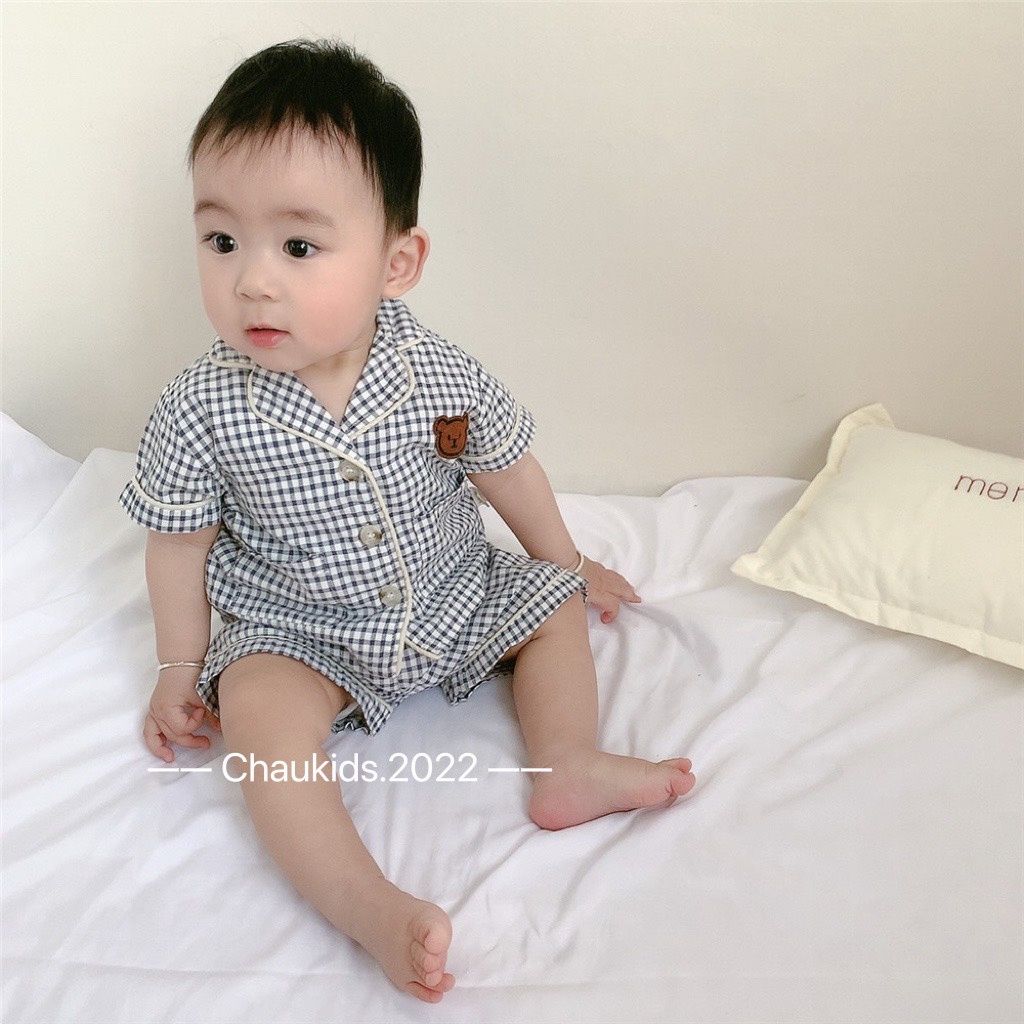 Pijama cho bé, bộ pijama kẻ caro hình dễ thương chất thô mềm cho bé trai bé gái