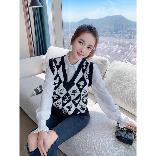 ÁO len nữ, áo gile họa tiết quả trám _Len ghi lê Áo Dệt Kim Không Tay Cổ Chữ V Phong Cách Retro Hàn Quốc | BigBuy360 - bigbuy360.vn