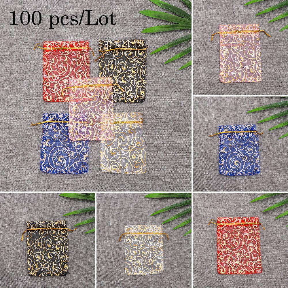 Set 100 Túi Lưới Đựng Quà / Trang Sức In Họa Tiết Trái Tim Lấp Lánh