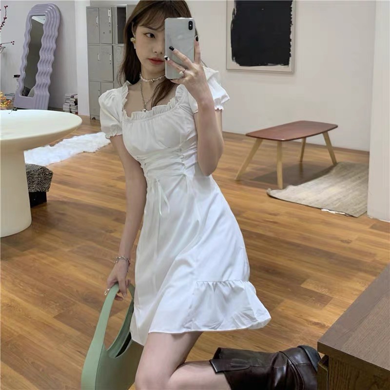 SALE XẢ HÀNG Thanh lý🖤Váy trắng xoè ulzzang đan dây đầm tiểu thư xinh đáng yêu|Váy bánh bèo trễ vai đuôi cá tay phồng
