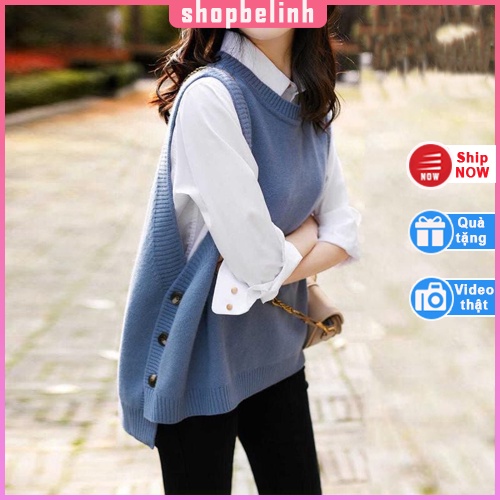 Áo len gile dáng rộng freesize cổ tròn vạt đóng cúc - shopbelinh