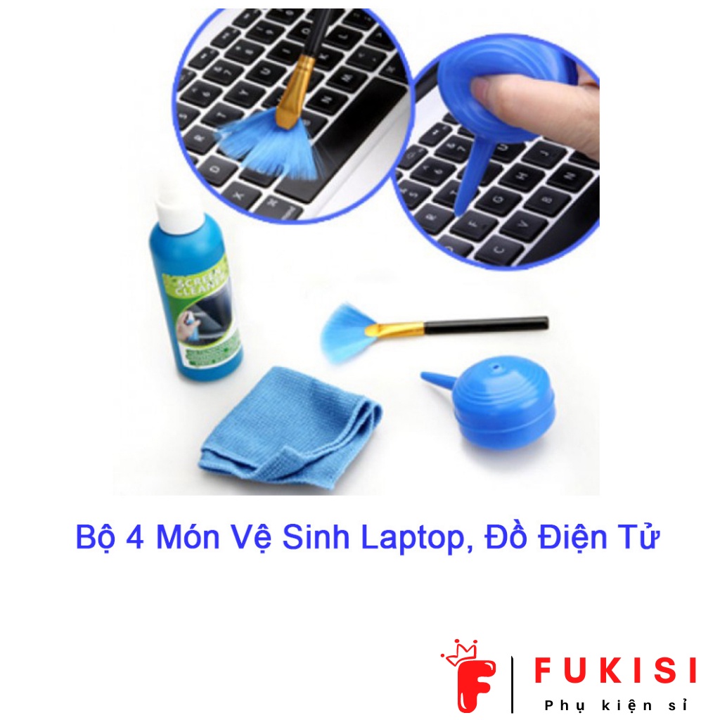 BỘ VỆ SINH LAPTOP 4 MÓN (Cọ, Khăn Lau, Chai Xịt, Thổi Bụi) - phù hợp cho LAPTOP, PC và MÀN HÌNH - FUKISI